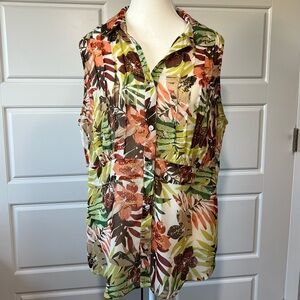 Ashley Stewart Sleeveless Button Down Blouse Tropical Palm Floral Print Sheer XL